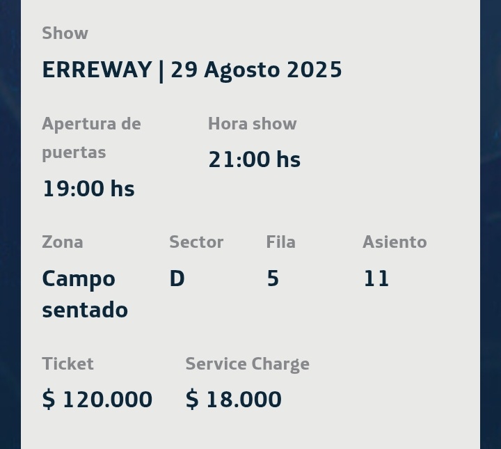 vendo entrada de ERREWAY para el 29/08, al mismo precio que la compre sin el sc

palabras claves: vendo compro erreway argentina entrada busco