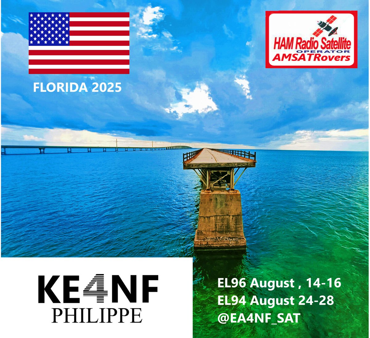 🇺🇲 𝗙𝗟𝗢𝗥𝗜𝗗𝗔 𝗦𝗔𝗧 ²⁰²⁵
🟥 August 14-16 :🌐 𝗘𝗟𝟵𝟲
 🏖️ Fort lauderdale
🟥 August 24-28 :🌐 𝗘𝗟𝟵𝟰 
🏝️Knights Key
▶️ #IOTA : NA-062
▶️ FM 🛰️ LEO SAT
⚠️ LoTW : 𝗞𝗘𝟰𝗡𝗙
👉INFO: X+ hams.at

<a href="/GridMasterMap/">GridMasterMap</a> <a href="/GridChasers/">Grid Chasers</a>  #amsat #KE4NF <a href="/GridMasterHeat/">GridMasterHeatMap</a> #DX