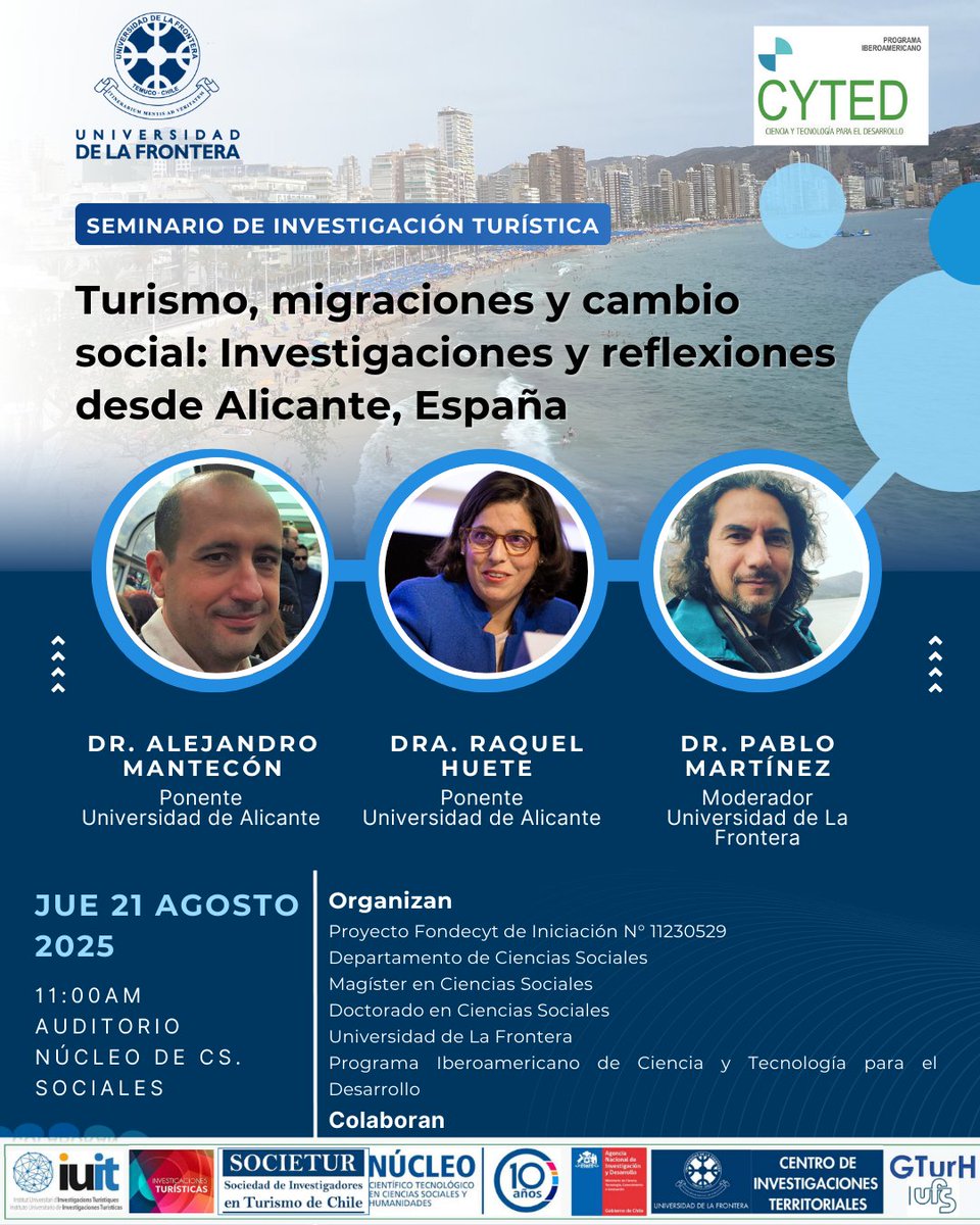 INVITACIÓN
Miér 20 ago, 17 hrs
Webinar CYTED: Desde la mirada editorial: consejos para publicar investigación en turismo.
Modalidad: Híbrida
Jue 21 ago, 11 hrs
Seminario de investigación: Turismo, migraciones y cambio social: Investigaciones y reflexiones desde Alicante, España
