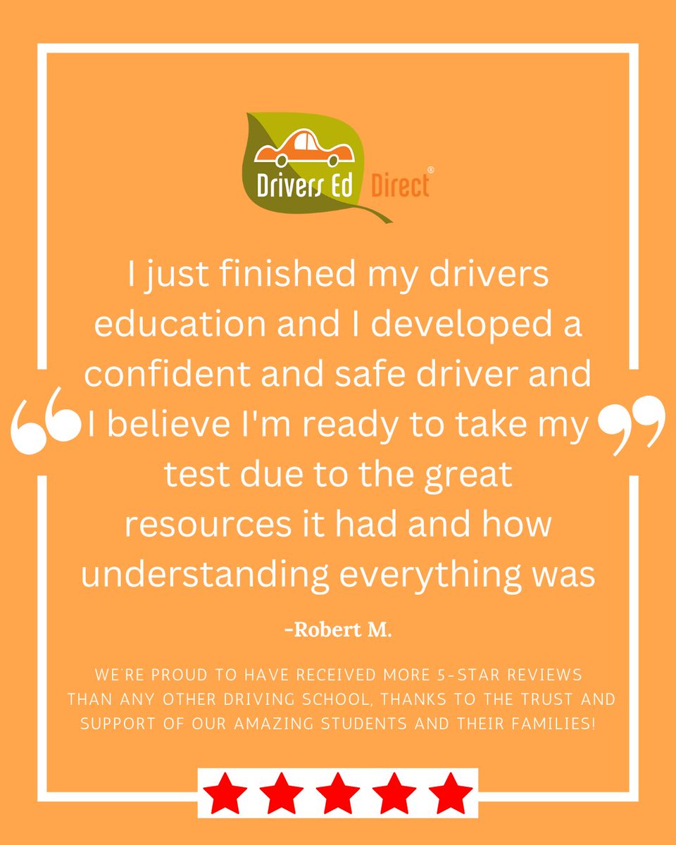 DriversEdDirect's tweet image. Thank you, Robert!
We’re thrilled our course helped you build the tools and confidence to succeed. Wishing you the best as you take the next step in your driving journey! Thanks for choosing Drivers Ed Direct. 🙌
#DriversEdDirect #DrivingJourney #LearnToDrive #DrivingSchool