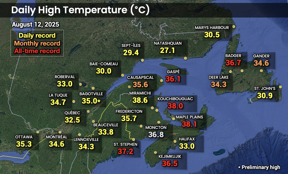 Patrick Duplessis (@pat_wx) on Twitter photo Multiple monthly and all-time heat records today in Eastern Canada! Up to 38.6°C in Miramichi, NB. ♨️
PEI all-time record shattered (38.1°) and Newfoundland all-time record tied (36.7°)!
More details in quoted tweet from <a href="/ThierryGooseBC/">Thierry Goose</a> Multiple monthly and all-time heat records today in Eastern Canada! Up to 38.6°C in Miramichi, NB. ♨️
PEI all-time record shattered (38.1°) and Newfoundland all-time record tied (36.7°)!
More details in quoted tweet from <a href="/ThierryGooseBC/">Thierry Goose</a>