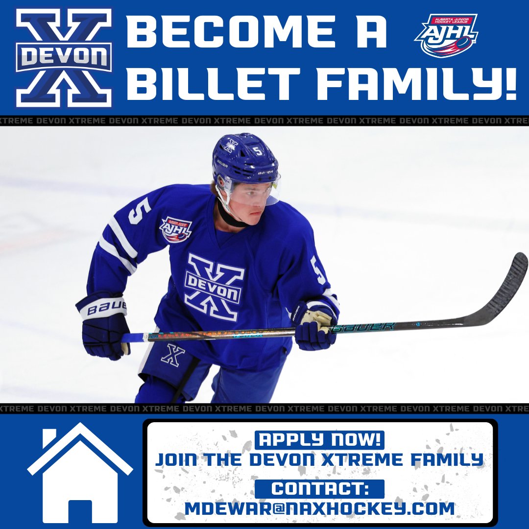 Are you interested in joining the Devon Xtreme family and becoming a billet for the 2025-26 season?

The Xtreme is in search of local homes willing to take in our young athletes!

Contact Michelle @ mdewar@naxhockey.com

#devonxtreme | #ajhl