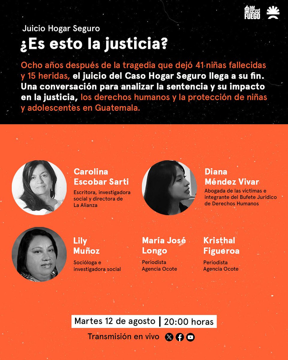 ⚖️ La sentencia del juicio #HogarSeguro marca un precedente… pero, ¿es esto justicia?.

Hoy analizamos qué significa este fallo para Guatemala, para las familias de las 41 niñas que murieron y para la lucha contra la impunidad.

📆 12 de agosto – 20:00 hrs
🔴 En vivo en nuestras