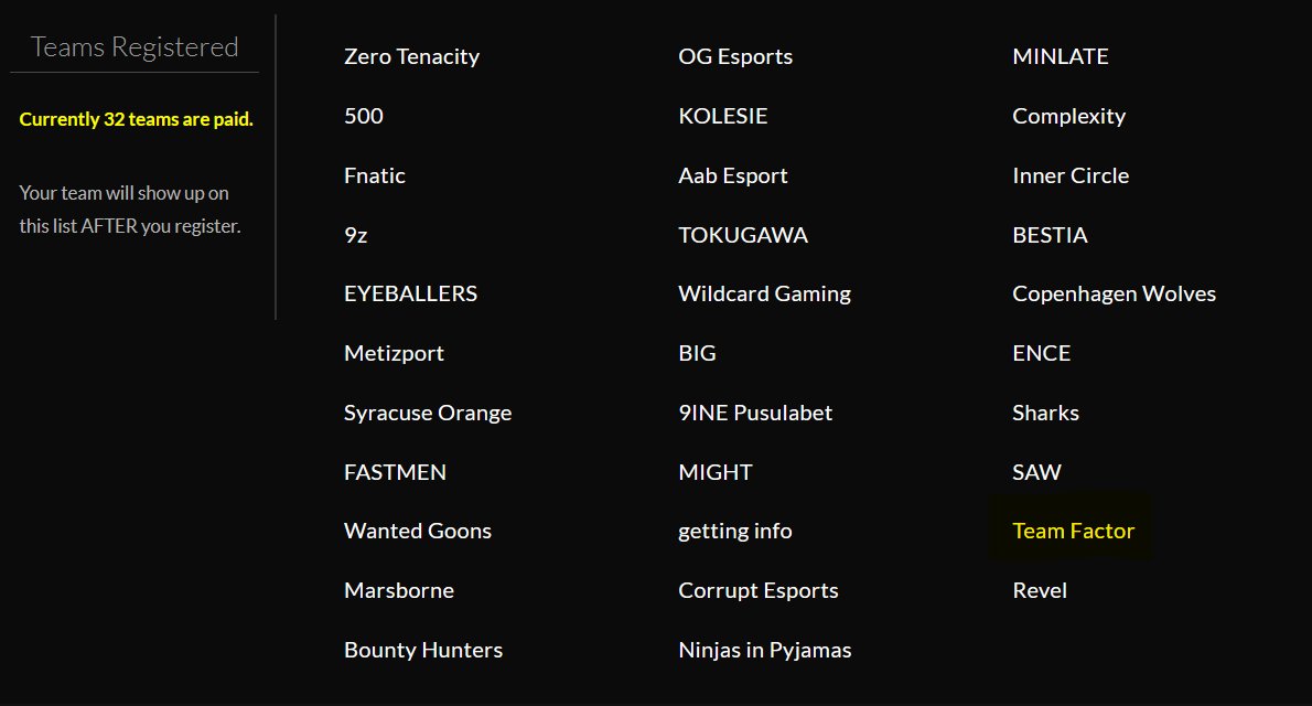 Aaron (@aaronsfury) on Twitter photo 🇺🇸 Team Factor signed up to <a href="/fragadelphia/">Fragadelphia</a> Blocktober!!
Oh yea, also:
<a href="/FNATIC/">FNATIC</a>
<a href="/NIP/">Ninjas In Pyjamas</a>
<a href="/BIGCLANgg/">BIG</a>
<a href="/ENCE/">ENCE</a>
<a href="/OGesports/">OG</a>
etc...
But we all remember Boston right? 😉 🇺🇸 Team Factor signed up to <a href="/fragadelphia/">Fragadelphia</a> Blocktober!!
Oh yea, also:
<a href="/FNATIC/">FNATIC</a>
<a href="/NIP/">Ninjas In Pyjamas</a>
<a href="/BIGCLANgg/">BIG</a>
<a href="/ENCE/">ENCE</a>
<a href="/OGesports/">OG</a>
etc...
But we all remember Boston right? 😉