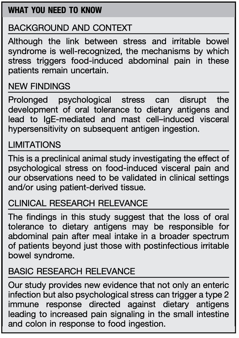 🐭🧠 Study shows psychological stress can break oral tolerance to food in mice, triggering IgE–mast cell activation &amp; histamine-driven pain in small &amp; large intestine—offering a mechanism for stress-related, food-induced abdominal pain in #IBS. #gitweeter gastrojournal.org/action/showPdf…