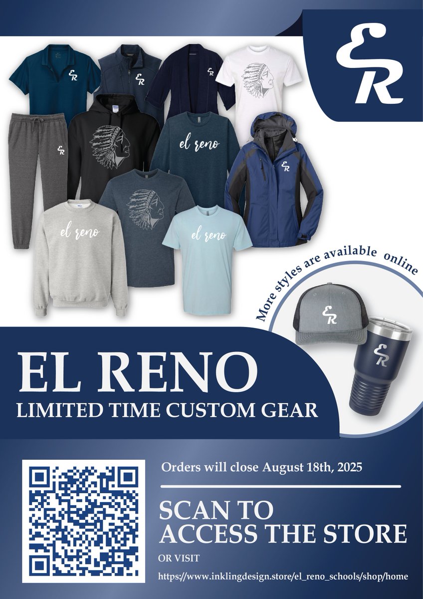 ERPS New Teachers' Academy Online Store! 
The store closes Aug 18. All items will be ordered together &amp; distributed by a member of the ERNTA during the week of Sept 22. Scan the QR code or click the link to get yours now!  inklingdesign.store/el_reno_school…