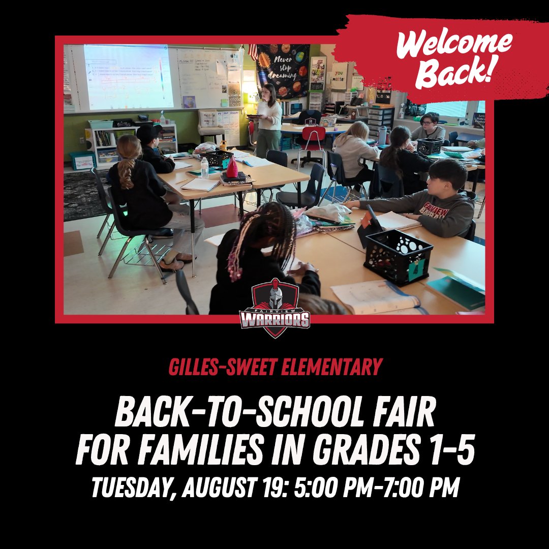 📚 NEXT WEEK: Join us at Gilles-Sweet Elementary for the Back to School Fair on Tuesday, August 19, from 5 to 7 PM! 

This event is for families in Grades 1-5, and it's a great opportunity to get a head start on the new school year!

✅ Walk the building
✅ Visit classrooms
✅