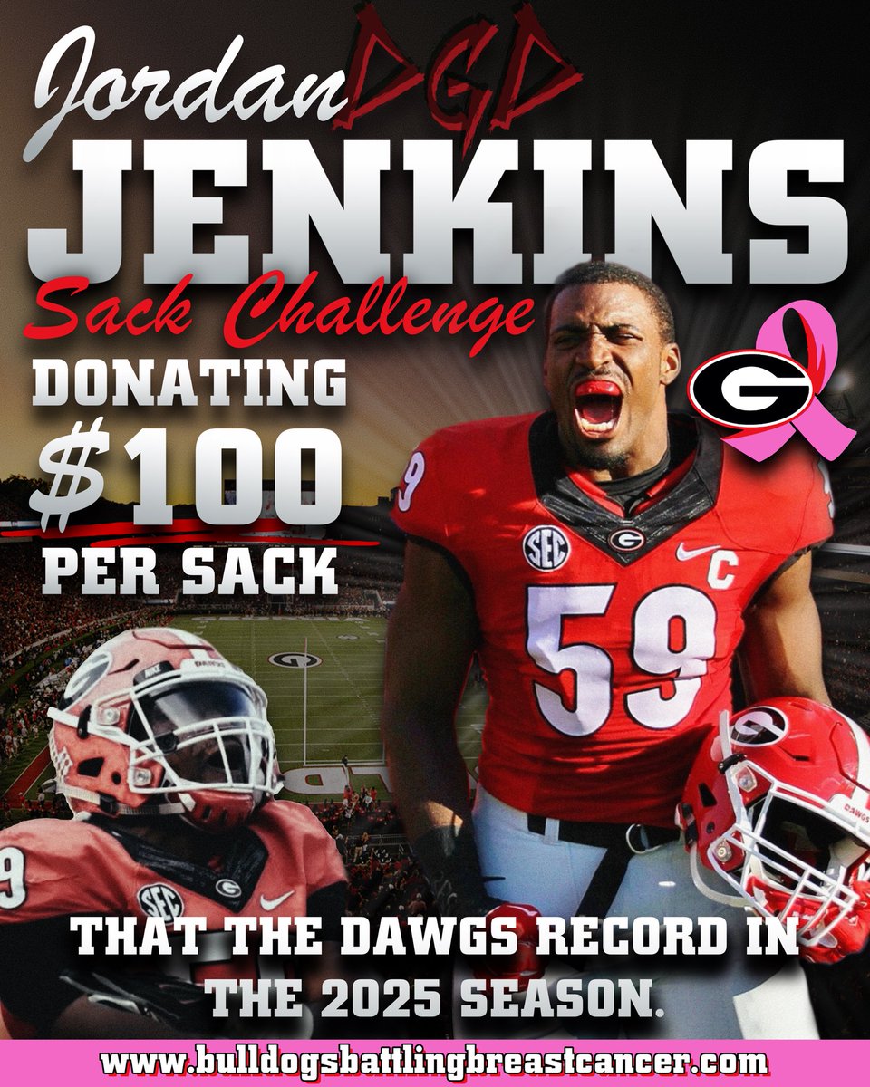 Bulldogs Battling Breast Cancer๐ถ๐๐ (@bbbc_athens) on Twitter photo ๐จ <a href="/jordanOLB/">Jordan Jenkins</a> SACK PLEDGE ๐จ
Jordan Jenkins is partnering with us to โput PURPOSE behind every sackโ!!! Together we will โ SACK BREAST CANCER!!! โ Our goal before kickoff vs Marshall is to have $2,500 pledged for EACH UGA SACK ๐ฅ this season! Can pledge ANY amount per sack OR ๐จ <a href="/jordanOLB/">Jordan Jenkins</a> SACK PLEDGE ๐จ
Jordan Jenkins is partnering with us to โput PURPOSE behind every sackโ!!! Together we will โ SACK BREAST CANCER!!! โ Our goal before kickoff vs Marshall is to have $2,500 pledged for EACH UGA SACK ๐ฅ this season! Can pledge ANY amount per sack OR