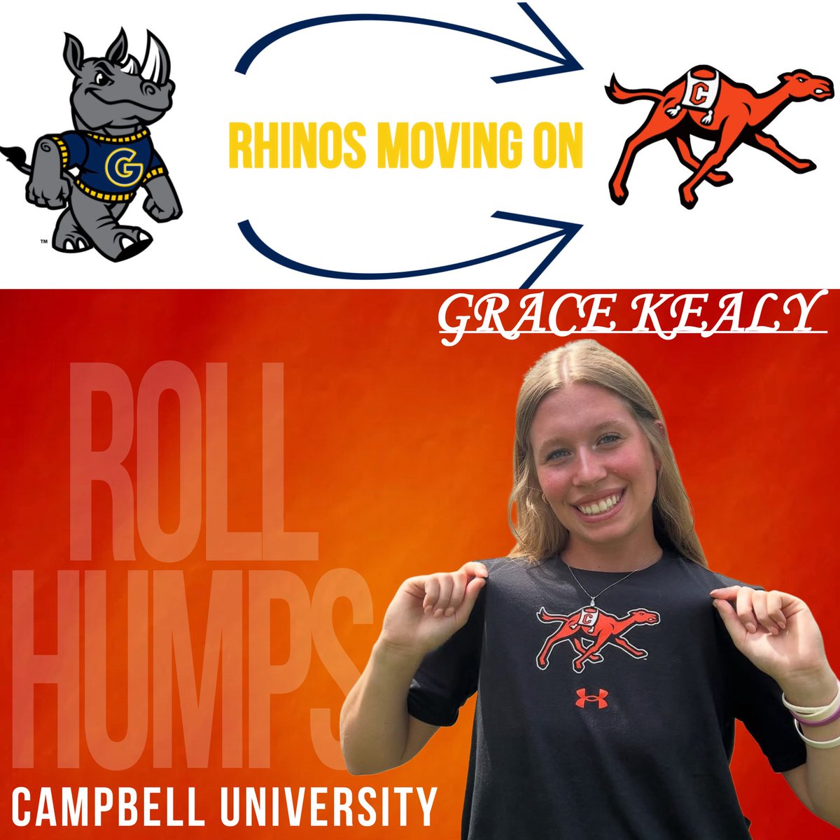 GCRhinosSB's tweet photo. ❗️𝚁𝙷𝙸𝙽𝙾𝚂 𝙼𝙾𝚅𝙸𝙽𝙶 𝙾𝙽❗️

Kealy is officially a Fighting Camel! We wish her nothing but success as she takes on this next chapter at Campbell University!

#rollhumps🐪🧡 https://t.co/S51MX7glJb
