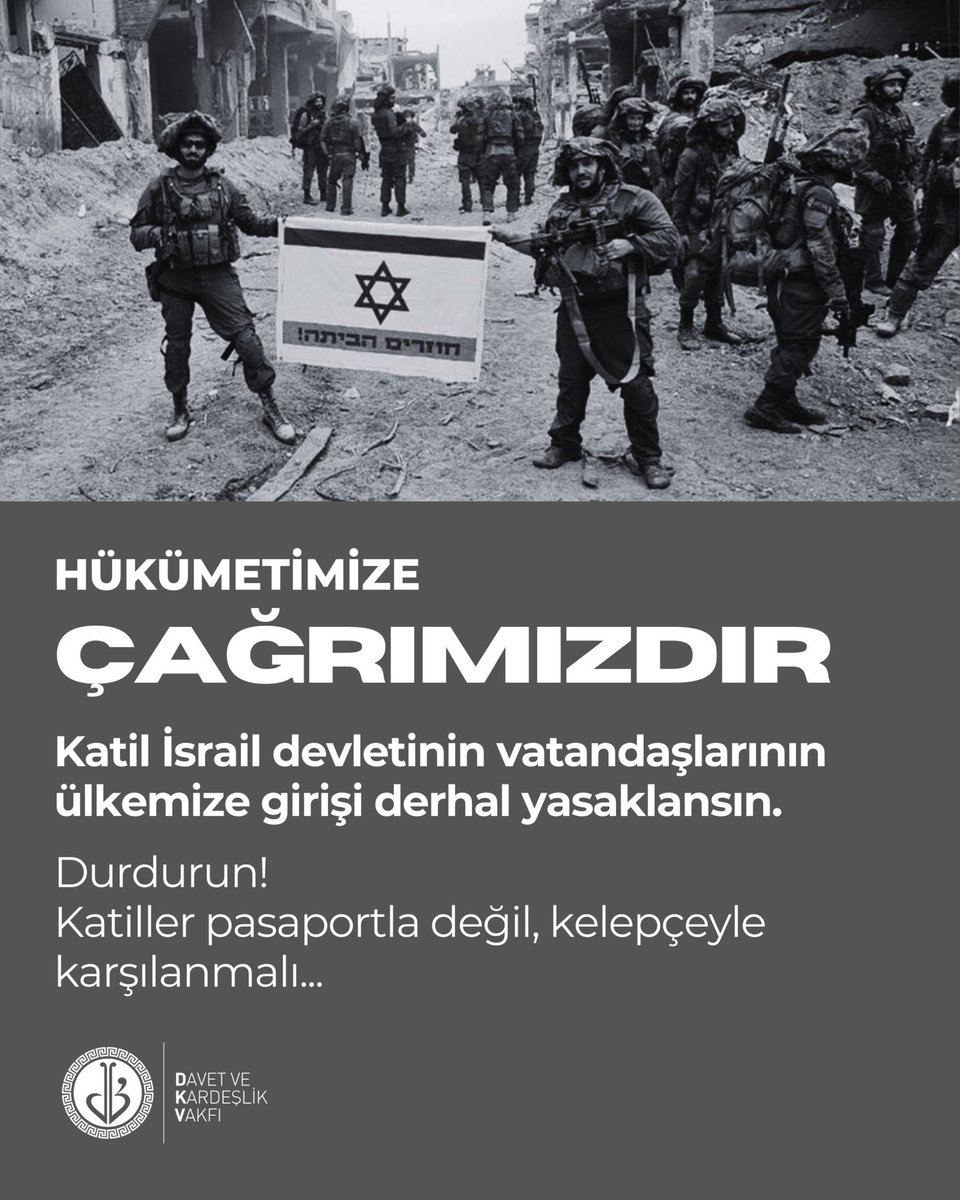 ozcelikfikret's tweet photo. HÜKÜMETİMİZE ÇAĞRIMIZDIR

KATİL İSRAİLE GİDEN TÜM SİVİL VE ASKERİ ULAŞIM ARAÇLARINA HAVA,KARA VE DENİZ YOL VE LİMANLARIMIZ KAPATILSIN
#HükümetimizeÇağrımızdır https://t.co/kHMOqr9eKD