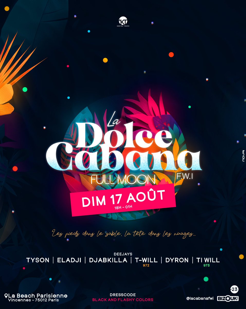 🌸🦋🌸 DOLCE CABANA Ep.10 🌸🦋🌸
Thème : Full Moon 🌕✨

La Beach Parisienne rouvre ses portes 🌊 !
Au programme : une expérience Silent 🎧 pour danser au rythme de ta propre vibe… et la 2ème salle prête à t’embarquer dans une nuit de folie 🔥

🎧 DJs : ELADJI / T WILL / DYRON /