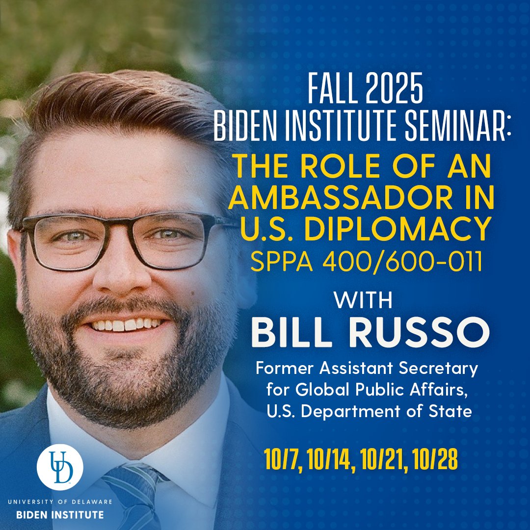 Don’t miss your opportunity to take our 1-credit seminar on “The Role of an Ambassador in U.S. Diplomacy.” The course will be taught by Bill Russo ’09, the former Asst. Secretary for Global Public Affairs at the U.S. Department of State. 

Register here: udel.edu/academics/coll…