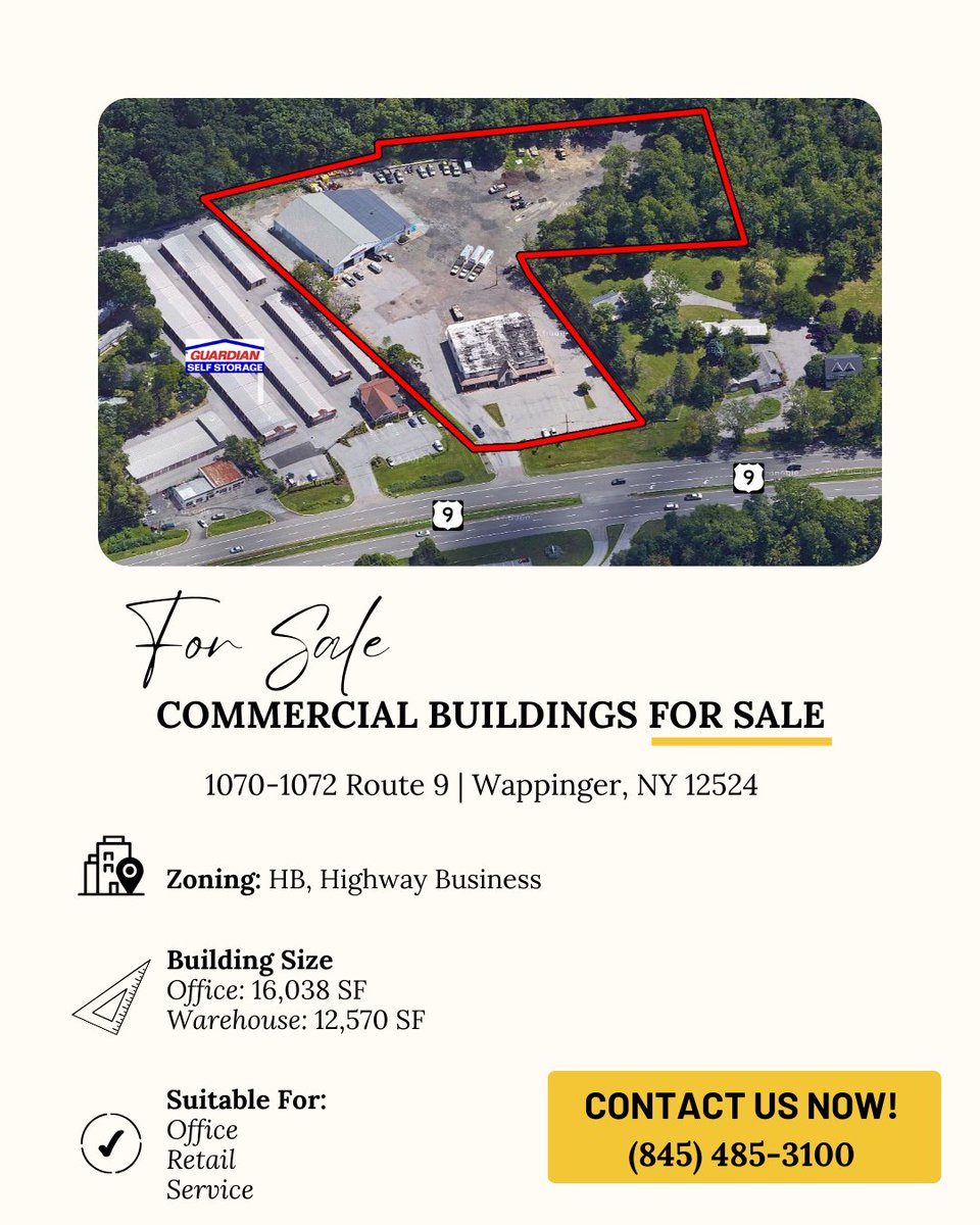 For Sale – 1070-1072 U.S. Route 9, Wappinger, NY
• 28,608± SF Office/Warehouse Complex
• $3.25M | High-visibility on Rt 9 (32,547 AADT)
• Minutes to I-84, Taconic &amp; Newburgh-Beacon Bridge
Info: 845.485.3100 | crproperties.com
#CRE #HudsonValley