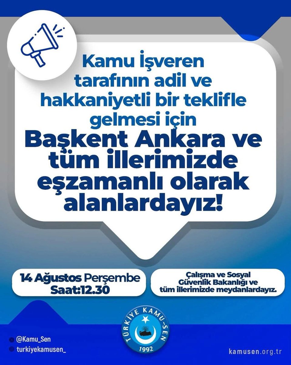 - Memur ve memur emeklisini birbirinden koparanlara
- Reel ekonomik rakamlar yerine sanal rakamlarla emek hakkı hesaplayanlara, 
- Toplu sözleşme masasını itibarsızlaştıranlara

Hep birlikte 
DUR !!!
Diyoruz
14 Ağustos Perşembe günü tüm ülke genelinde alanlardayız.
#alanlardayız