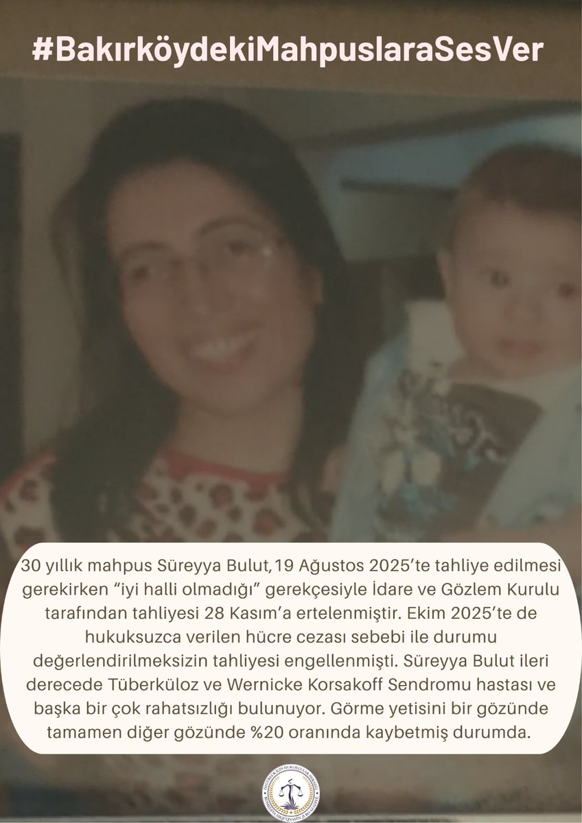 30 yıllık mahpus Süreyya Bulut,19 Ağustos 2025’te tahliye edilmesi gerekirken “iyi halli olmadığı” gerekçesiyle İdare ve Gözlem Kurulu tarafından tahliyesi 28 Kasım’a ertelenmiştir. Ekim 2025’te de hukuksuzca verilen hücre cezası sebebi ile durumu değerlendirilmeksizin tahliyesi