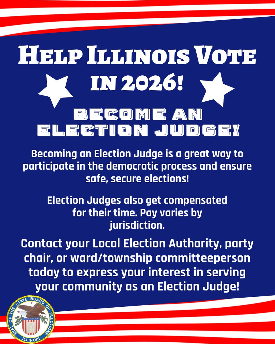 illinoissbe's tweet image. August 12 is National Poll Worker Recruitment Day!
Want to make a real difference in 2026? Contact your  election authority in Illinois to learn how to become an Election Judge. 
Whether you&apos;re a student, retiree, or just civic-minded, this is a powerful way to #HelpAmericaVote