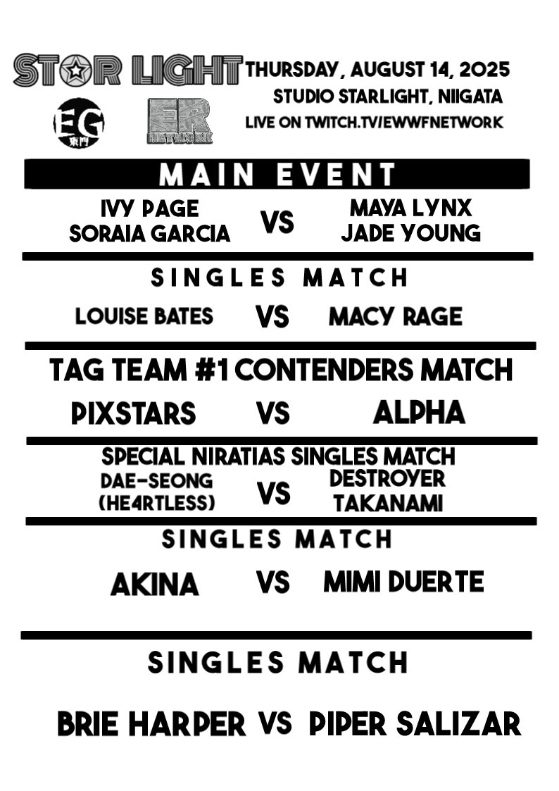 The Go-home edition of STARLIGHT comes this Thursday. Mizuna Club will find out who challenges them this Sunday. Ivy &amp; Maya compete in a match that DOES NOT count to their best of seven. Also we see a special one on one match from our partners NIRATIAS. Check out it on Thursday