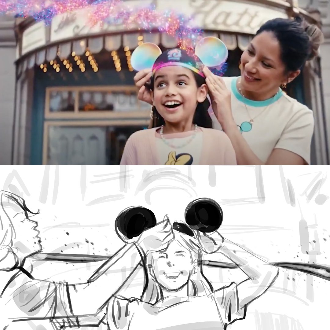 FamousFrames's tweet image. Famous Frames artist David Green captured the magic in these storyboards for Disney’s 70th anniversary commercial. Swipe to see how faithful Disney stayed to the original boards!