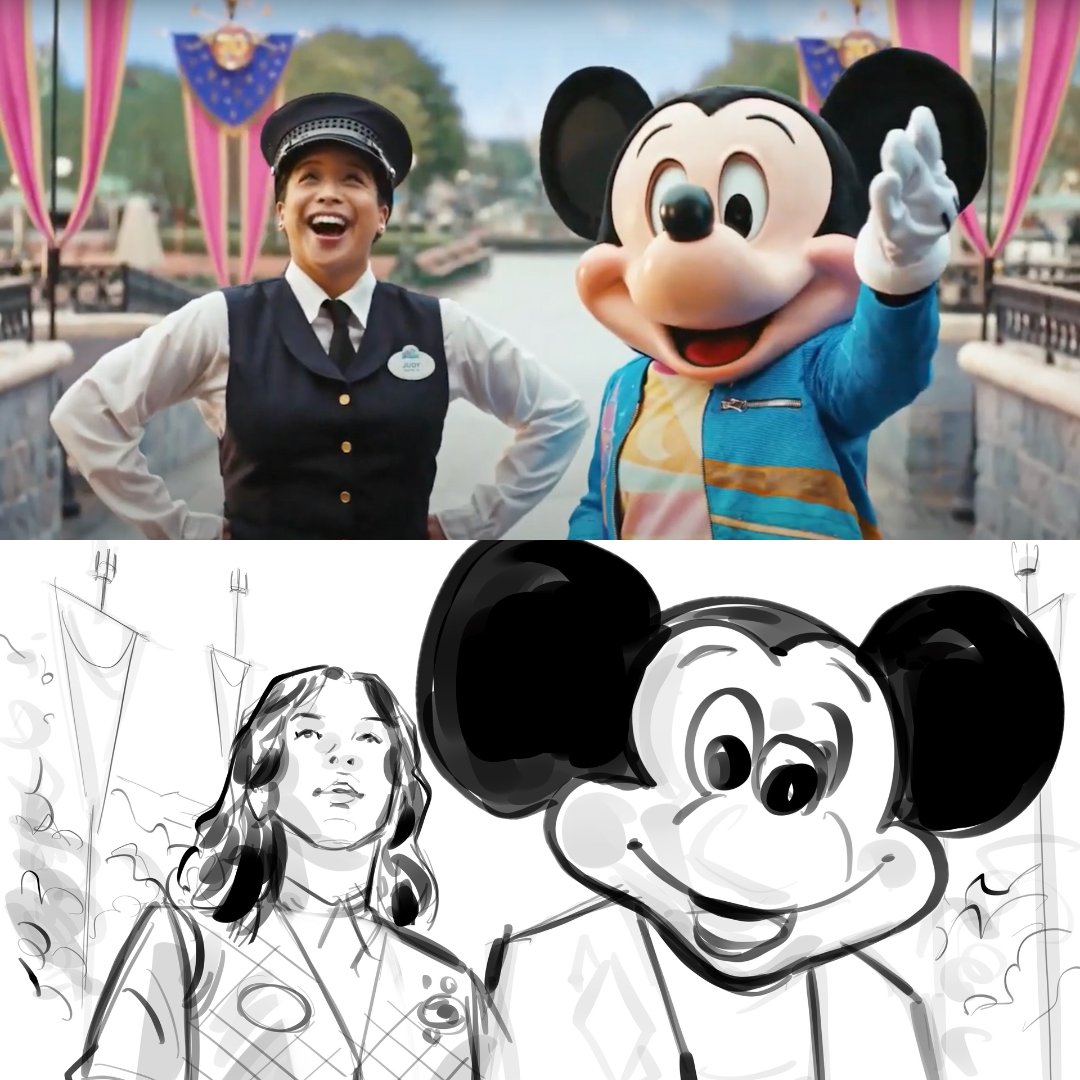 FamousFrames's tweet image. Famous Frames artist David Green captured the magic in these storyboards for Disney’s 70th anniversary commercial. Swipe to see how faithful Disney stayed to the original boards!