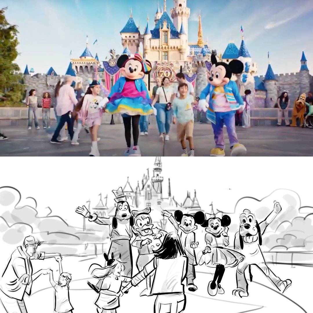 FamousFrames's tweet image. Famous Frames artist David Green captured the magic in these storyboards for Disney’s 70th anniversary commercial. Swipe to see how faithful Disney stayed to the original boards!