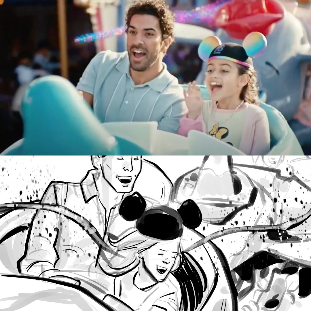 FamousFrames's tweet image. Famous Frames artist David Green captured the magic in these storyboards for Disney’s 70th anniversary commercial. Swipe to see how faithful Disney stayed to the original boards!