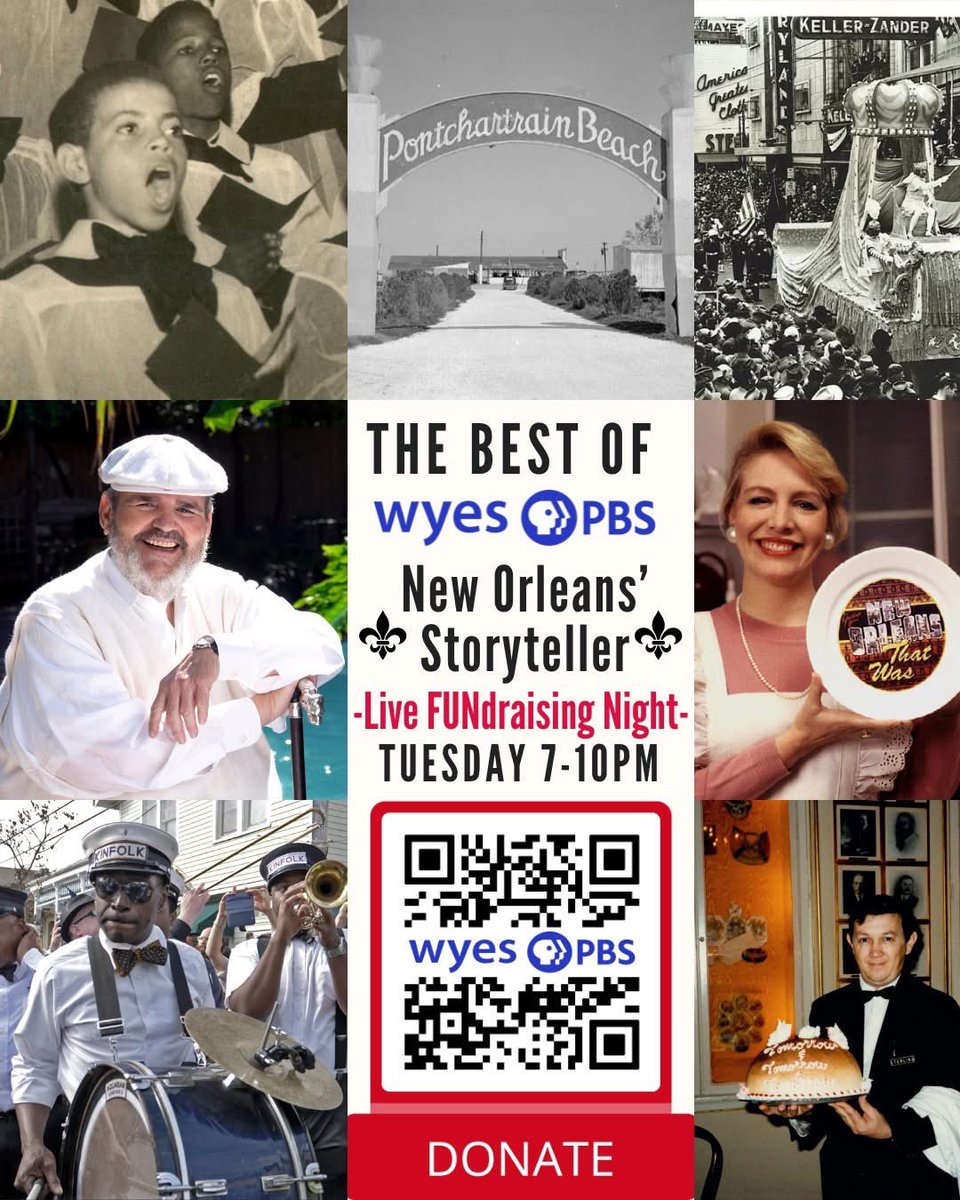 Join <a href="/WYESTV/">WYES-TV</a> for a night of New Orleans nostalgia &amp; help public broadcasting! Tune in tonight 8/12 7-10pm for THE BEST OF WYES: NEW ORLEANS' STORYTELLER with highlights from some of WYES' most beloved documentaries plus live special guests. Donate now:
shorturl.at/VbsMW