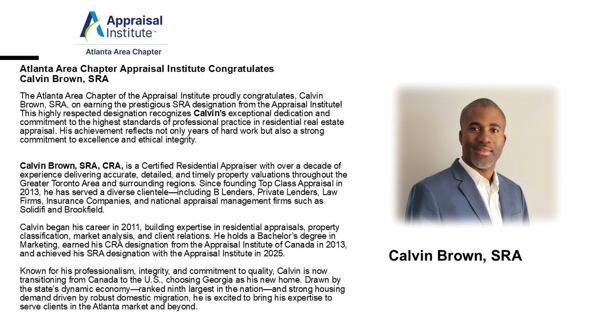 Congratulations Calvin Brown, SRA, on earning the SRA designation from the Appraisal Institute! This highly respected designation recognizes Calvin’s dedication and commitment to the highest standards of professional practice in residential real estate appraisal.