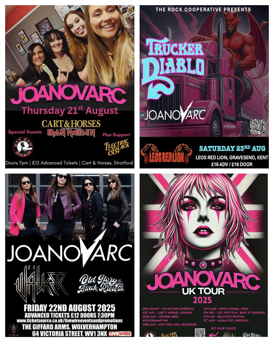 🔥 Upcoming shows for next week with JOANovARC - Buy your tickets 🎫 in advance below 👇 
Get them here at bandsintown.com/a/822930-joano…
21st Aug: with support from Not Now Norman <a href="/ElectricBlack3/">Electric Black</a> 
22nd Aug: support from Wälker 
23rd Aug: Support for <a href="/truckerdiablo/">truckerdiablo</a> 
24th Aug: Leeds