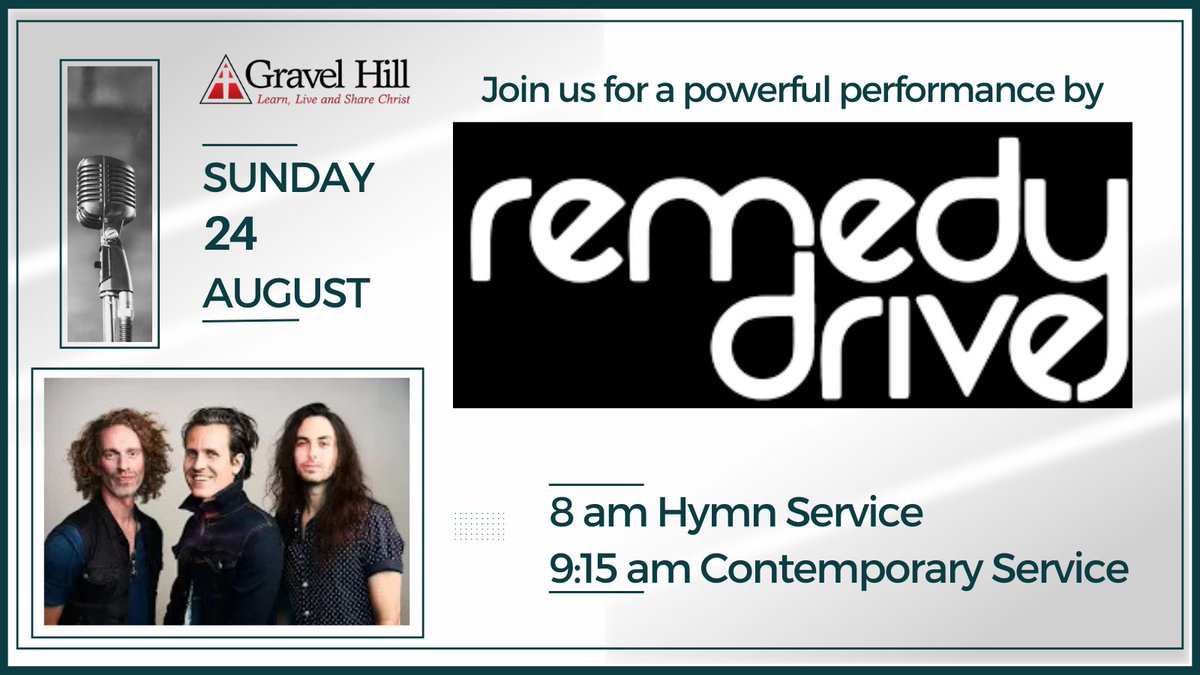 GravelHill's tweet photo. Only 10 days away! REMEDY DRIVE will be here at Gravel Hill Church! We are excited to have them return this year and lead worship on Sunday, August 24 at the 8 am service and the 9:15 am service.
(Please note: there will not be a 10:30 am service that day.)
Please SHARE! https://t.co/Aj29Zy4v5J