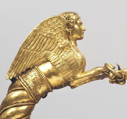 Greco-Scythian Gold Sphinx Bracelet, 400-350 BC. With sphinx protomes, stamped, filigreed and granulated. Found during excavations in 1830 in the Kul Oba Barrow located near Kerch,Crimea
