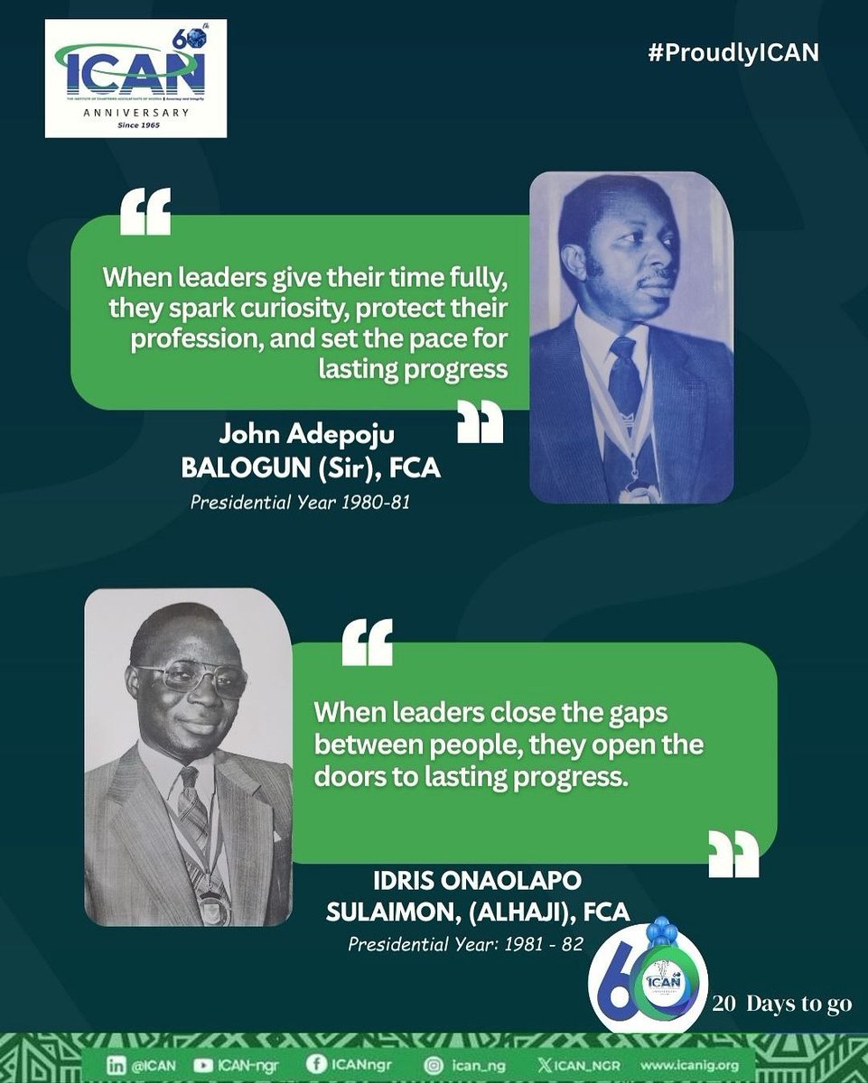 ICAN_NGR's tweet photo. Greatness does not happen by chance. It is built one leader, one vision, and one bold step at a time. Sixty years later, the mark of these efforts remains, inspiring generations to come.

#ICANat60 #HonouringThePath #StillStandingStrong https://t.co/Ym8tIAB04T