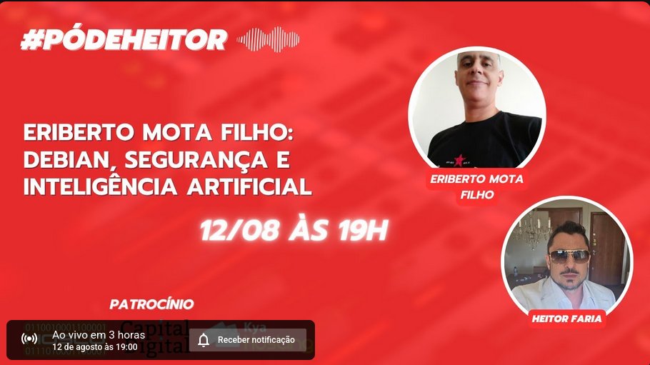 Hoje, às 19h, estarei no canal "Pó de Heitor" falando sobre a minha vida, Debian, redes, IA e outras coisas.

youtube.com/@podeheitor