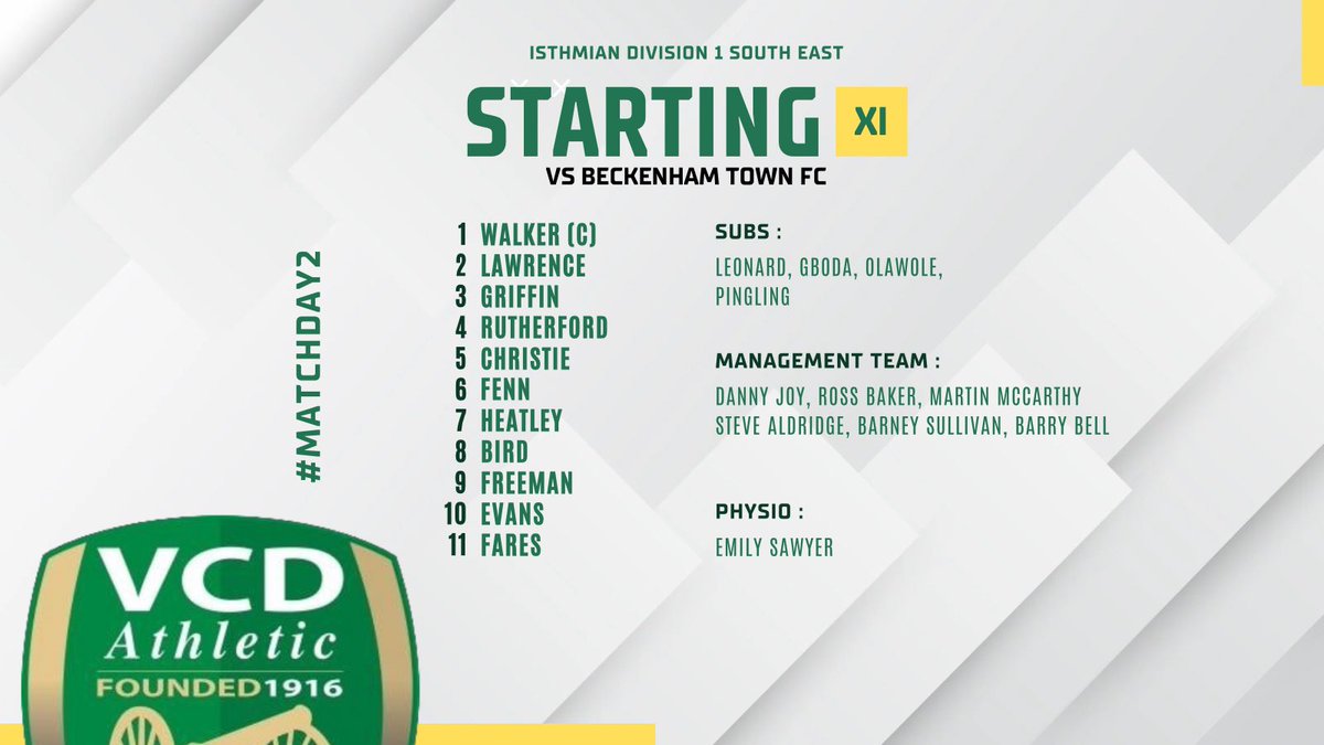 vcd_club's tweet photo. Our starting line up for today’s game away to Beckenham Town. Rutherford, Fares and Freeman come in from Saturday’s team. 

🟢⚪️🟢⚪️🟢 https://t.co/AihuwbXJWt