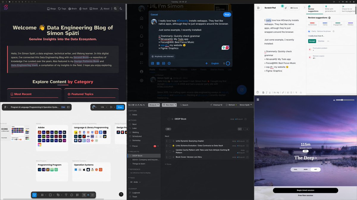 sspaeti's tweet image. I really love how #Omarchy installs webapps. They feel like native apps—just wrapped around a browser.

Some example, I recently installed:
» Grammarly: Grammar
» NirvanaHQ: My Todo app
» Focus@Will: Best Focus Music
» ssp.sh : DE website 😉
» Figma: Graphics