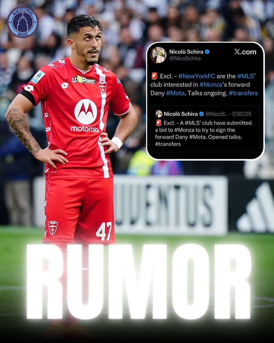 BlueCityNewss's tweet image. RUMORR! According to reports by @NicoSchira. Monza toward Dany Mota has been rumored to be in talks with New York City FC. The Portuguese striker is 27 and last season had 5 goals and 2 assists. Thoughts?

#nycfc #newyorkcityfc #mls
