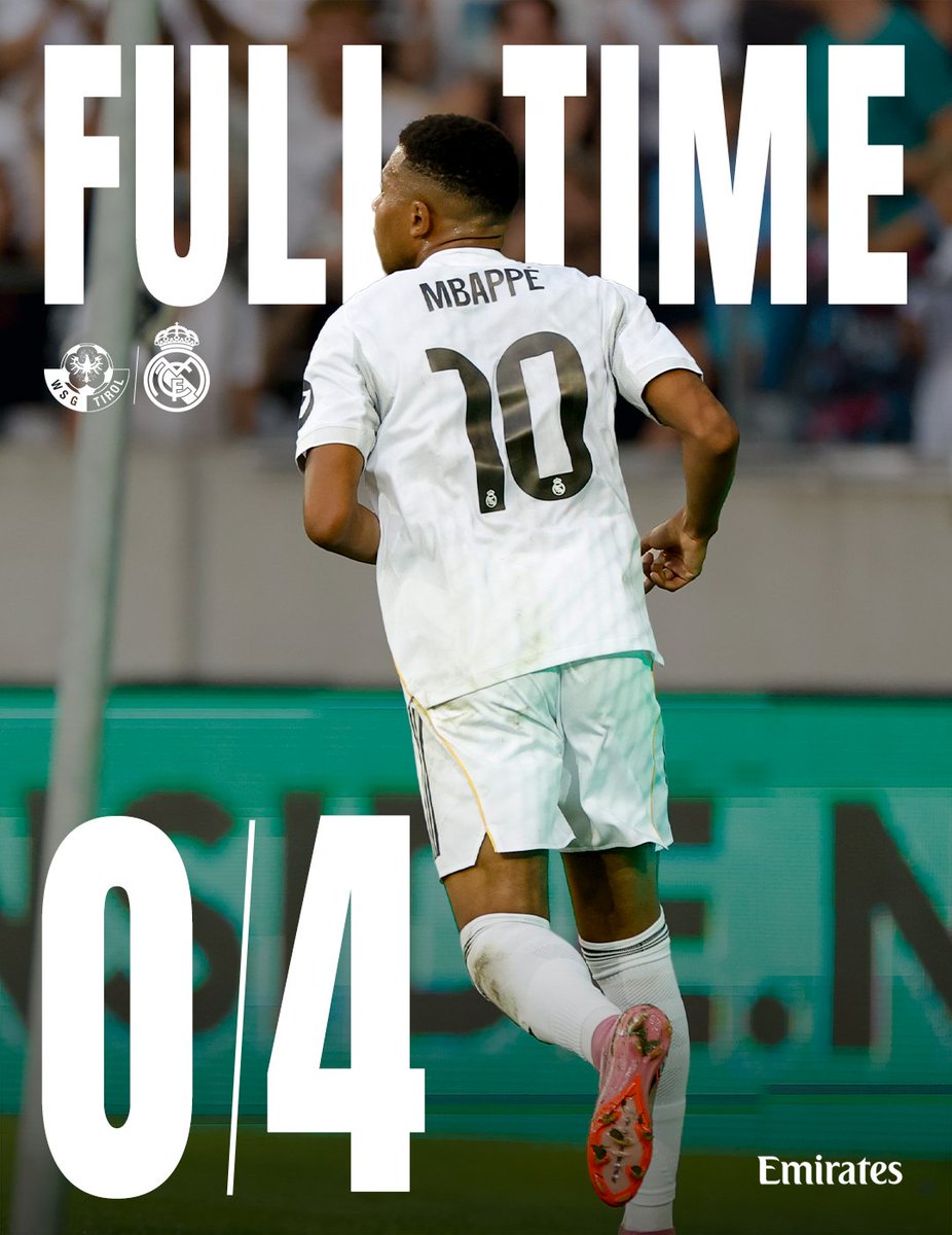 Real Madrid C.F. (@realmadrid) on Twitter photo 🏁 <a href="/WSGTIROL/">WSG Tirol</a> 0-4 @RealMadrid
⚽ 10' @EderMilitao
⚽ 12' <a href="/KMbappe/">Kylian Mbappé</a>
⚽ 59' <a href="/KMbappe/">Kylian Mbappé</a>
⚽ 81' <a href="/RodrygoGoes/">Rodrygo Goes</a>
@Emirates 🏁 <a href="/WSGTIROL/">WSG Tirol</a> 0-4 @RealMadrid
⚽ 10' @EderMilitao
⚽ 12' <a href="/KMbappe/">Kylian Mbappé</a>
⚽ 59' <a href="/KMbappe/">Kylian Mbappé</a>
⚽ 81' <a href="/RodrygoGoes/">Rodrygo Goes</a>
@Emirates