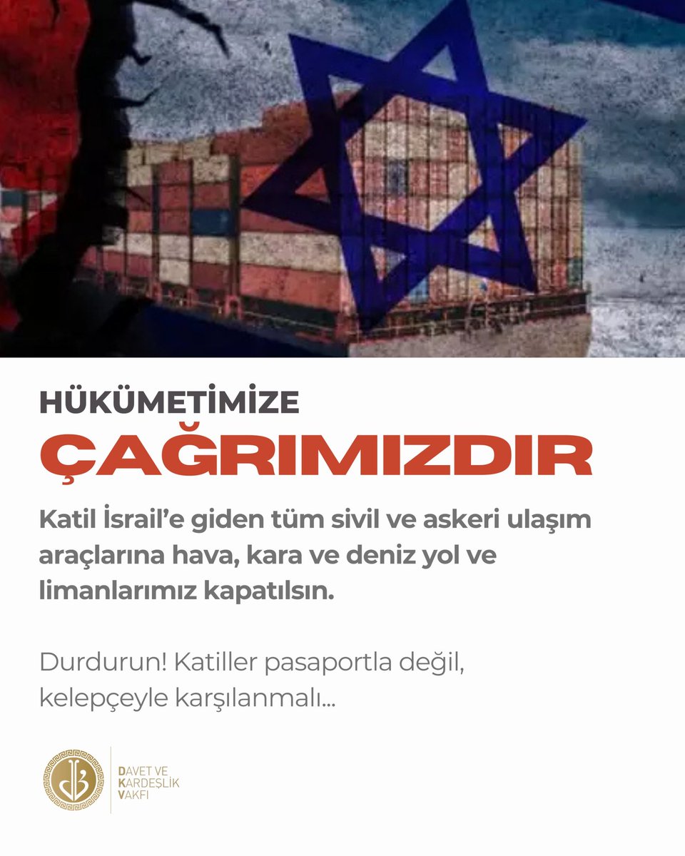 Hava, kara ve deniz yollarımız katil İsrail’e kapatılsın! Soykırıma ortak olmayın!
#HükümetimizeÇağrımızdır