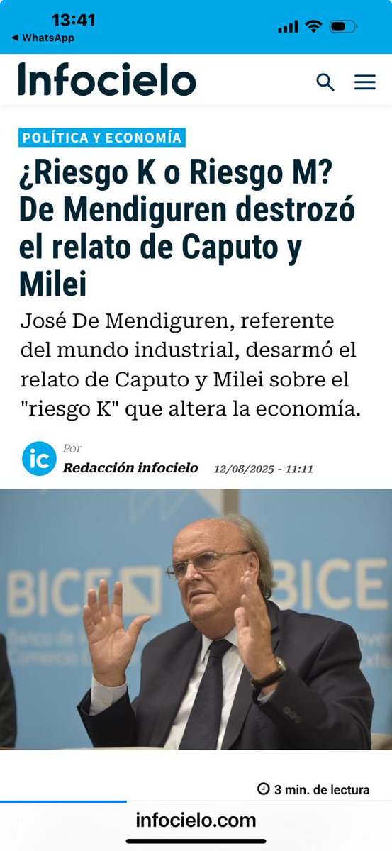 El verdadero riesgo es un modelo que destruye 1.500 empleos industriales por mes. 
El verdadero riesgo es el populismo financiero,  “plata dulce” para pocos. 
El verdadero riesgo es ser un país primarizado, inquilino de nuestra propia riqueza.
<a href="/LaCielo1035/">LA CIELO 103.5</a>
infocielo.com/politica-y-eco…