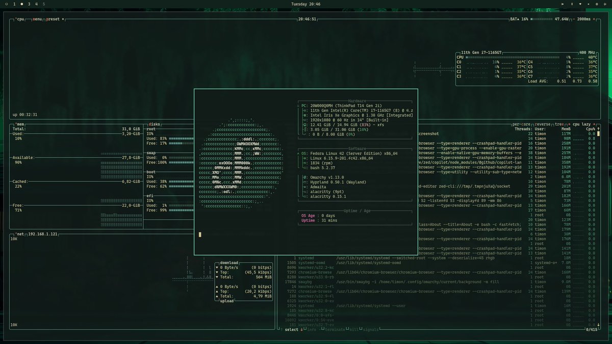 tdgroot__'s tweet photo. @dhh I love what you did with Omarchy, but I don't like the bleeding edge nature of Arch. So, I worked on a compatible installer to install Omarchy on Fedora 42. Early screenshot so far! https://t.co/v31bVO9SJN