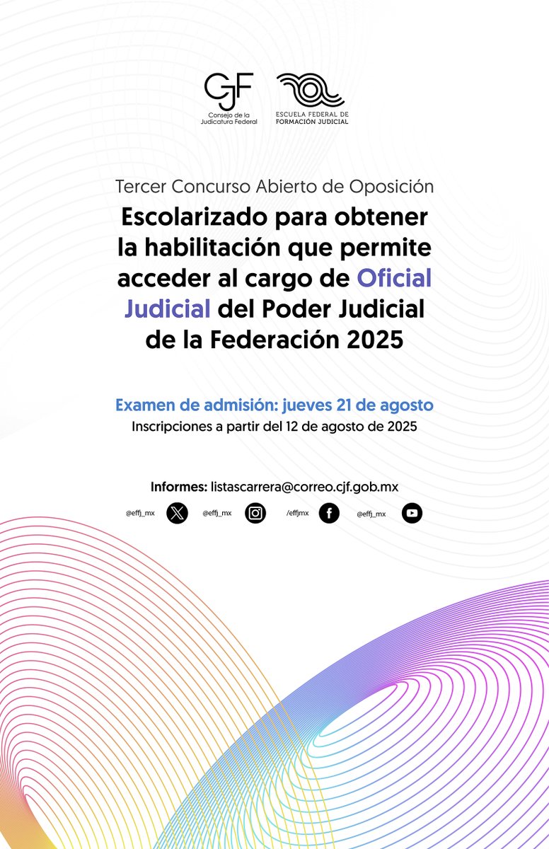 🖋️ Tercer Concurso Abierto de Oposición Escolarizado para obtener la habilitación que permite acceder al cargo de Oficial Judicial del Poder Judicial de la Federación

Convocatoria: cutt.ly/vrGhR60E
 
Temario: cutt.ly/DrGhT5pA

Inscripciones: escuelajudicial.cjf.gob.mx/v2/pages/Proce…