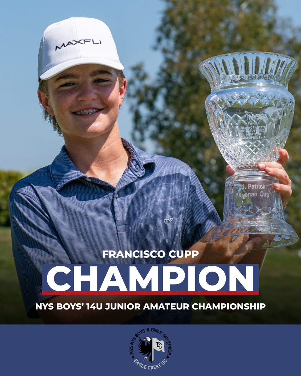 NYSGA1923's tweet photo. Francisco Cupp goes wire-to-wire at the 68th #NYSBoys14U 🏆

The junior from Saratoga Golf &amp; Polo finished at 1-under par to win by a stroke at Eagle Crest.

Full coverage: https://t.co/dOFdY9kFkq https://t.co/Z2gyWTCjDZ