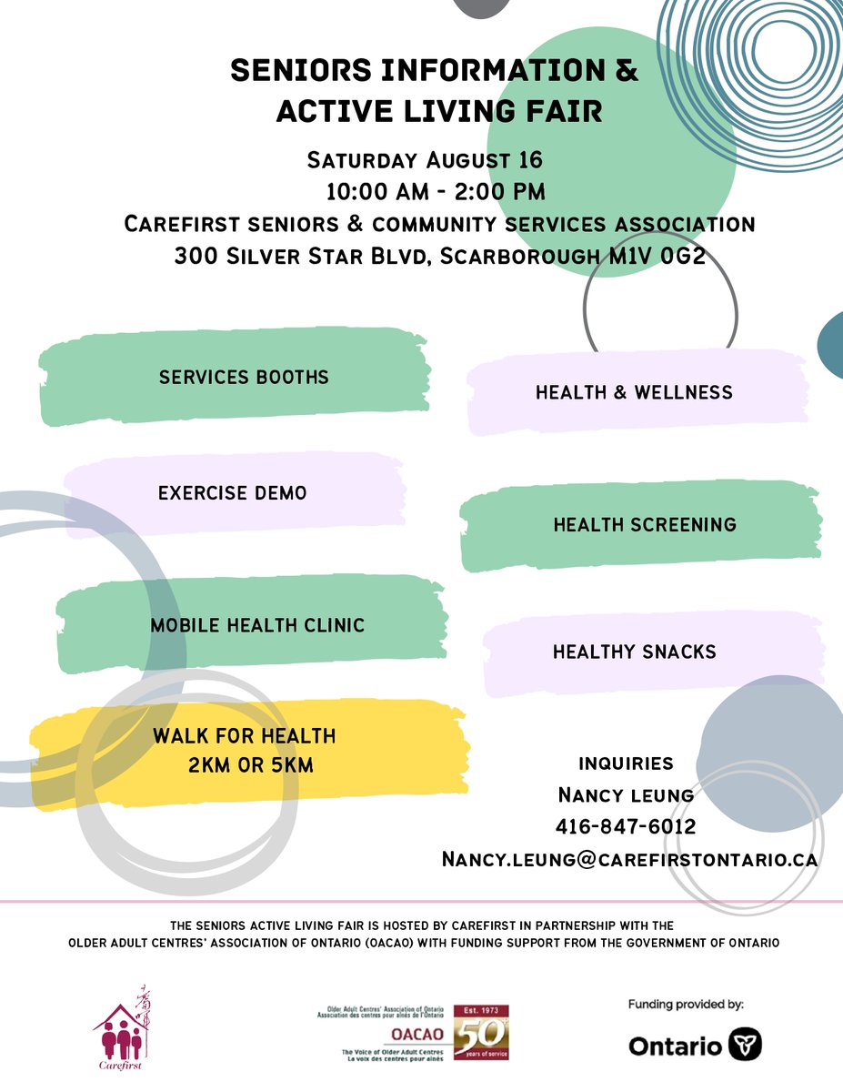 🌟 Join Us  in Scarborough for the Seniors Active Living Fair!  
Hosted by Carefirst Seniors &amp; Community Services Association 
📅 Aug 16, 10 AM – 2 PM 
📍 300 Silver Star Blvd, Scarborough 
💚 Fun, fitness, and community!
 #ActiveLiving #SeniorWellness #ScarboroughEvents