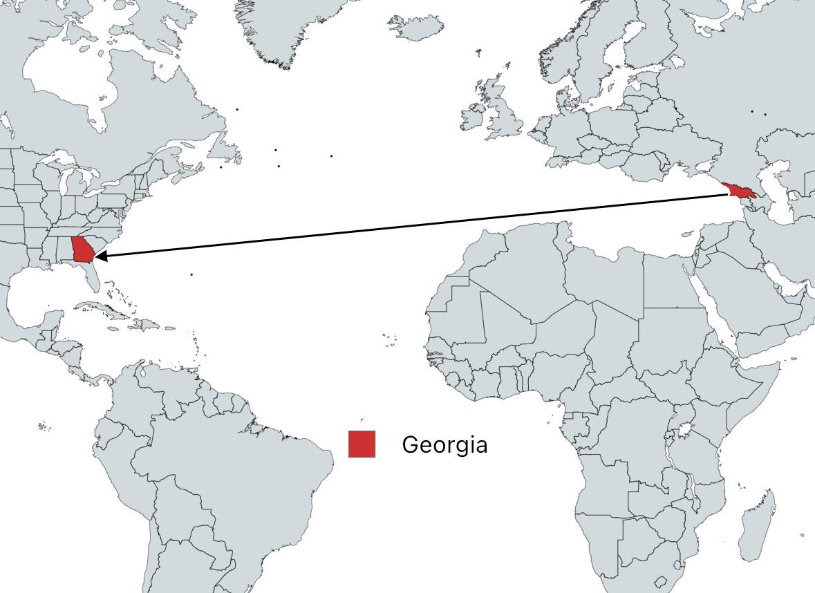 You can sail in a straight line from Georgia to Georgia
