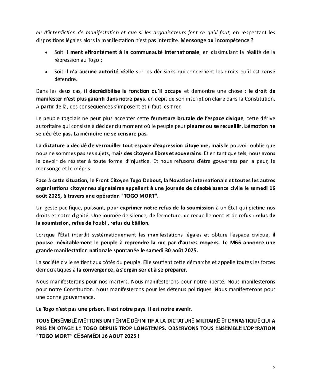 Face au dilatoire du clan Gnassingbe pour interdire les manifestations, les organisations de la société civile ont décidé de lancer " 0pération TOGO MORT" ce samedi 16 Août 2025
#TogoYéyé
#TogoResistance <a href="/TournonsLaPage/">Tournons La Page</a> <a href="/USEmbassyLome/">U.S. Embassy Togo</a> <a href="/ajplusfrancais/">AJ+ français</a> <a href="/ONU_fr/">Nations Unies (ONU)</a> <a href="/JTAtv5monde/">Le journal Afrique TV5MONDE</a>