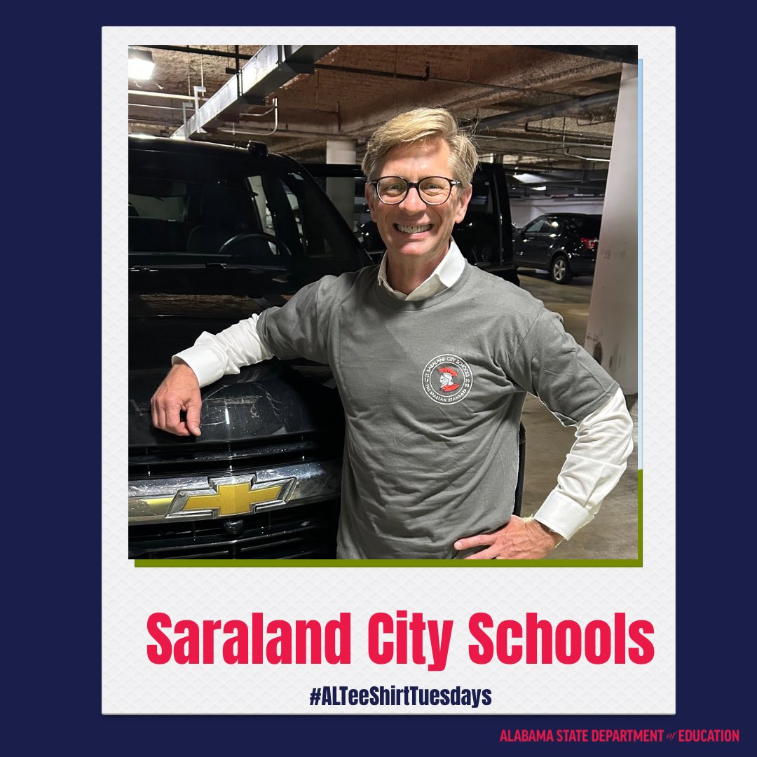 egmackey's tweet photo. It’s Tee Shirt Tuesday and this week I am wearing a tee shirt @SaralandSchools  🎉
If your school has a tee shirt you would like featured, please send to:  Tee Shirt Tuesdays, c/o ALSDE, PO Box 302101, Montgomery, AL 36130-2101 
 
#ALTeeShirtTuesdays https://t.co/RdNyOFu3Za