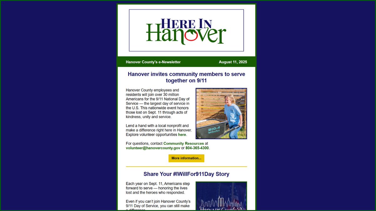 Stay connected with us #HereInHanoverVA! 🍅

Hanover County's weekly e-newsletter sends news, events, stories and more straight to your inbox. 

View this week's edition here ➡ conta.cc/45uboLe.

#HanoverVA