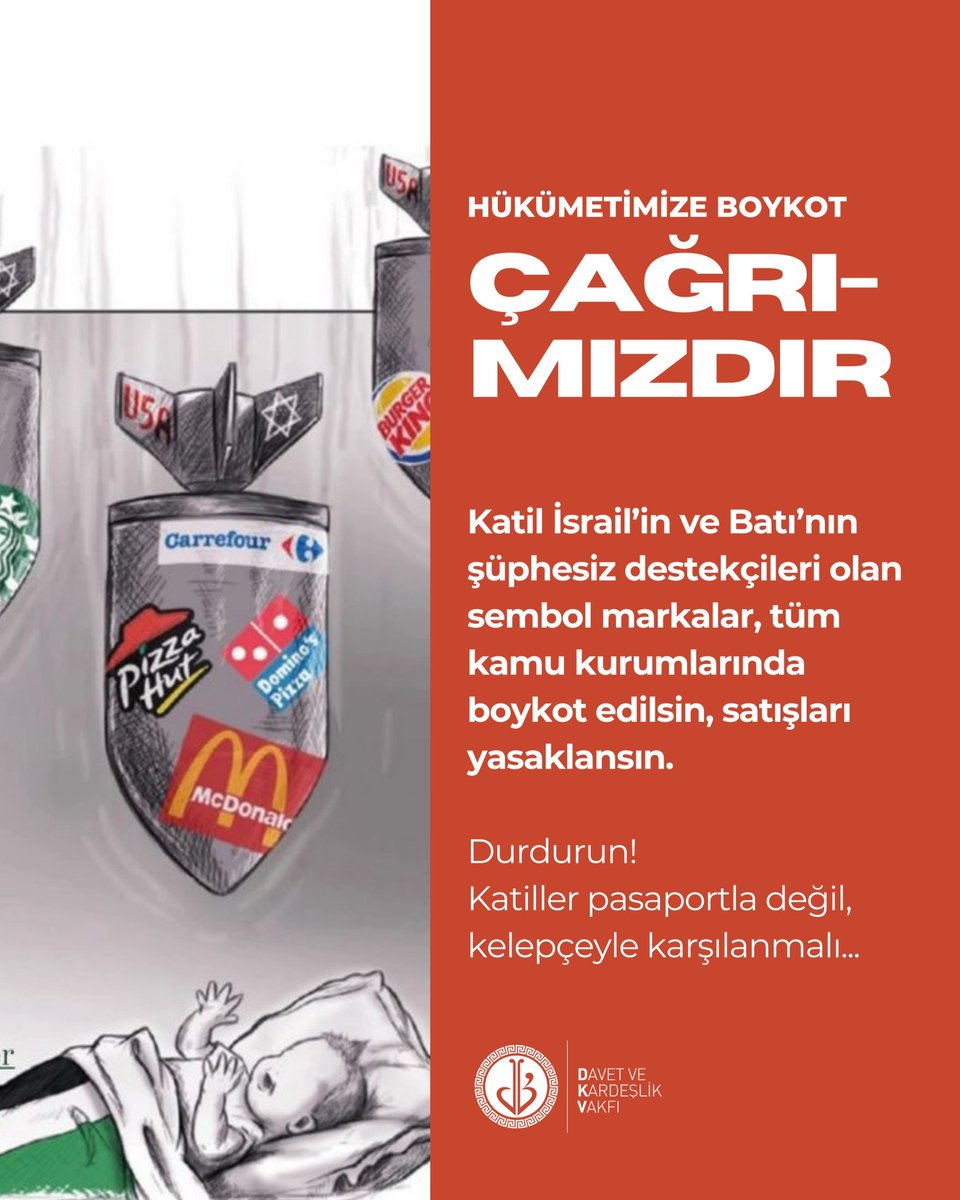 13.Katil İsrail’le her türlü işbirliği son bulsun! Destekçileri de boykot edin!
#HükümetimizeÇağrımızdır