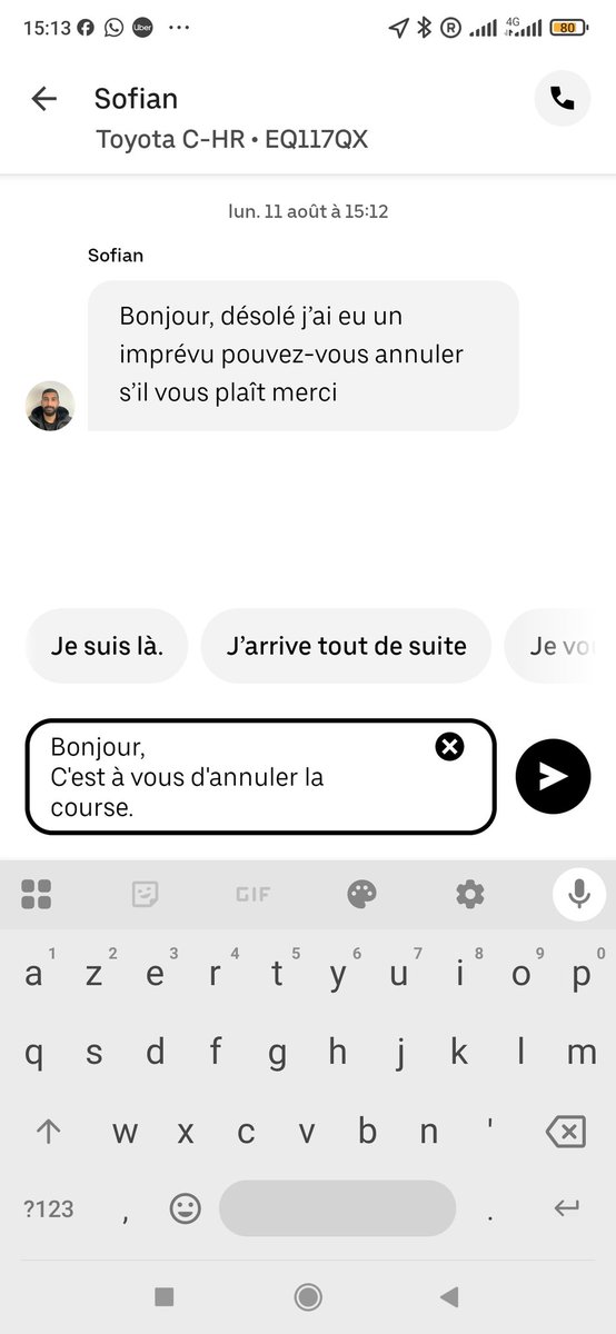 MoegniC's tweet photo. @Uber_Support pour lui dire d'annuler lui-même pour ne pas que j'ai des frais de pénalité chose que le chauffeur ne voulait pas aussi ce que font certains de vos Chauffeurs régulièrement mais Vous @UberFR ne faites rien résoudre ce problème. https://t.co/GkU3rn5Dmv