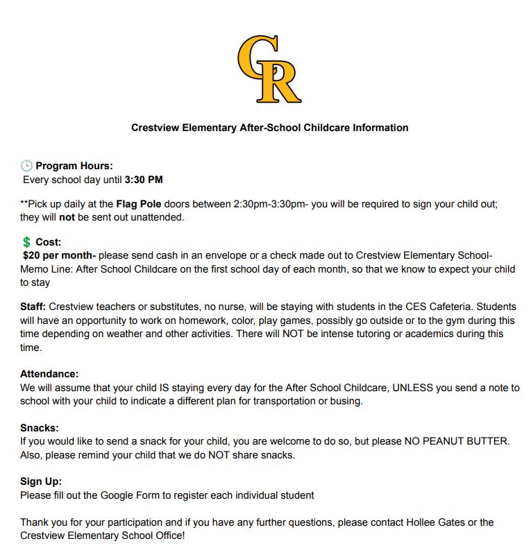 Registration is now open for the CES After-School program. The program will be hosted daily until 3:30 p.m. The cost is $20 per month. The program is open to all CES students who are not able to be picked up at dismissal time. 

If you would...
crestviewlocal.k12.oh.us/quicklinks/new…