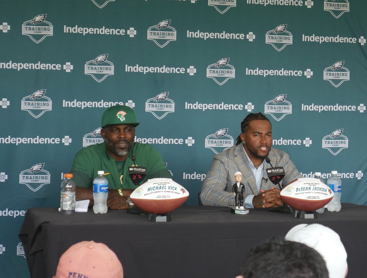 MattMeyerDE's tweet photo. Two Division I HBCU teams: @DelSt_Football & @NorfolkStateFB

Two NFL greats on the sidelines: @DeSeanJackson10 & @MichaelVick
 
One epic showdown at the Linc. 🏈🦅

With @Eagles legends DeSean Jackson and Michael Vick coaching, this isn’t just a game… it’s an HBCU showdown you’ll be talking about for years. Clear your schedule, mark your calendar, and grab your tickets on Ticketmaster now—before they fly.